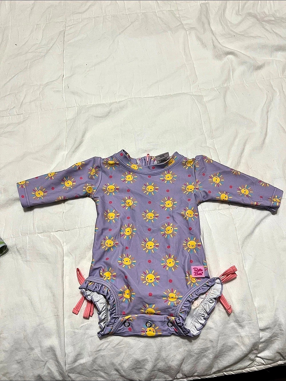 RuffleButts Long Sleeve Rash Guard One-Piece Swimsuit Purple & Pink 0-3M